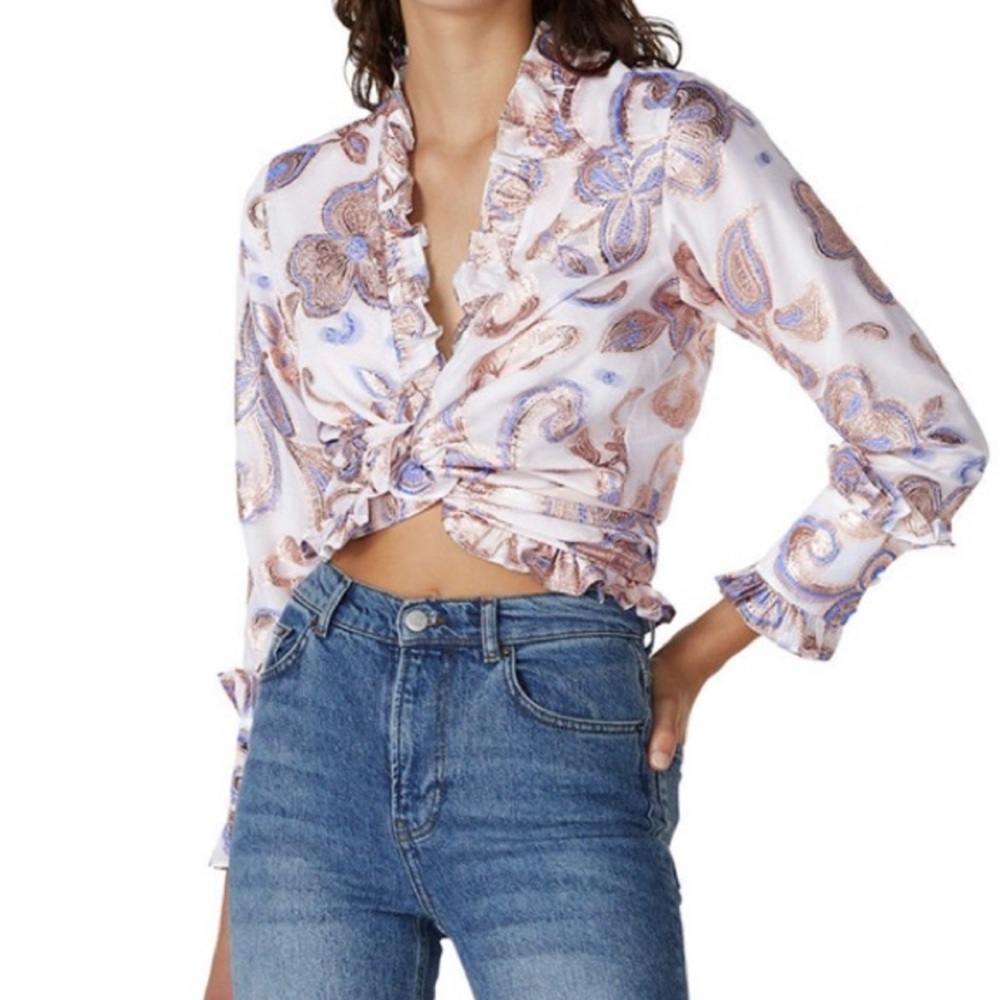 Alexis Marceau Wrap Top Women’s‎ Small Paisley Long Sleeve Ruffled Metallic